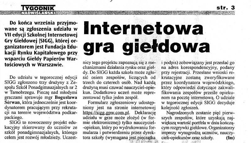 Internetowa gra gieldowa Tygodnik Nadwislanski 2008-09-18.jpg